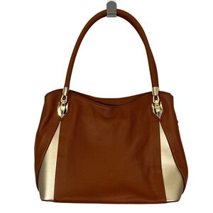 FOXER Women's Cowhide Leather‎ Satchel Bag Cognac/Gold Accent Top-Handle Purse